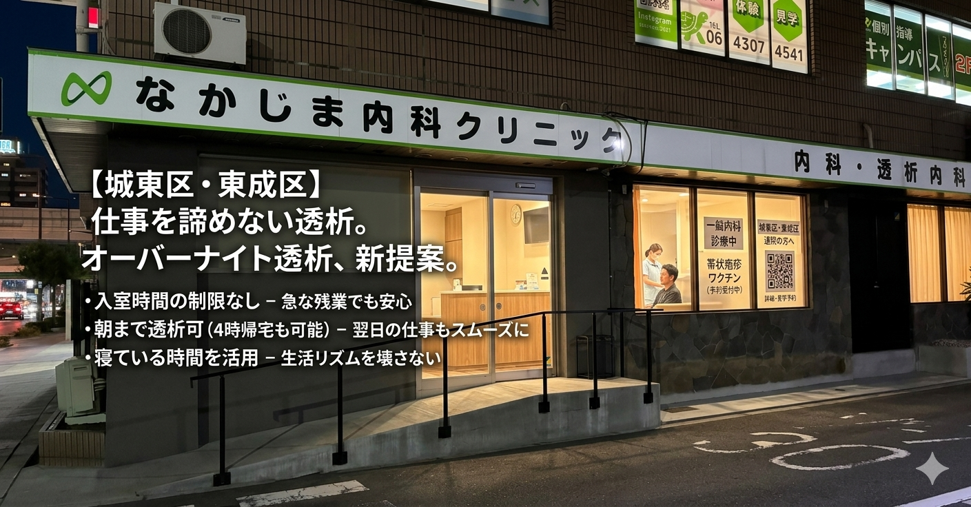 大阪市東成区のなかじま内科クリニック外観。夜間・オーバーナイト透析に対応し、城東区からも通院可能な透析室の入り口。